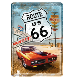Plechová pohľadnice - Route 66 (Red car)